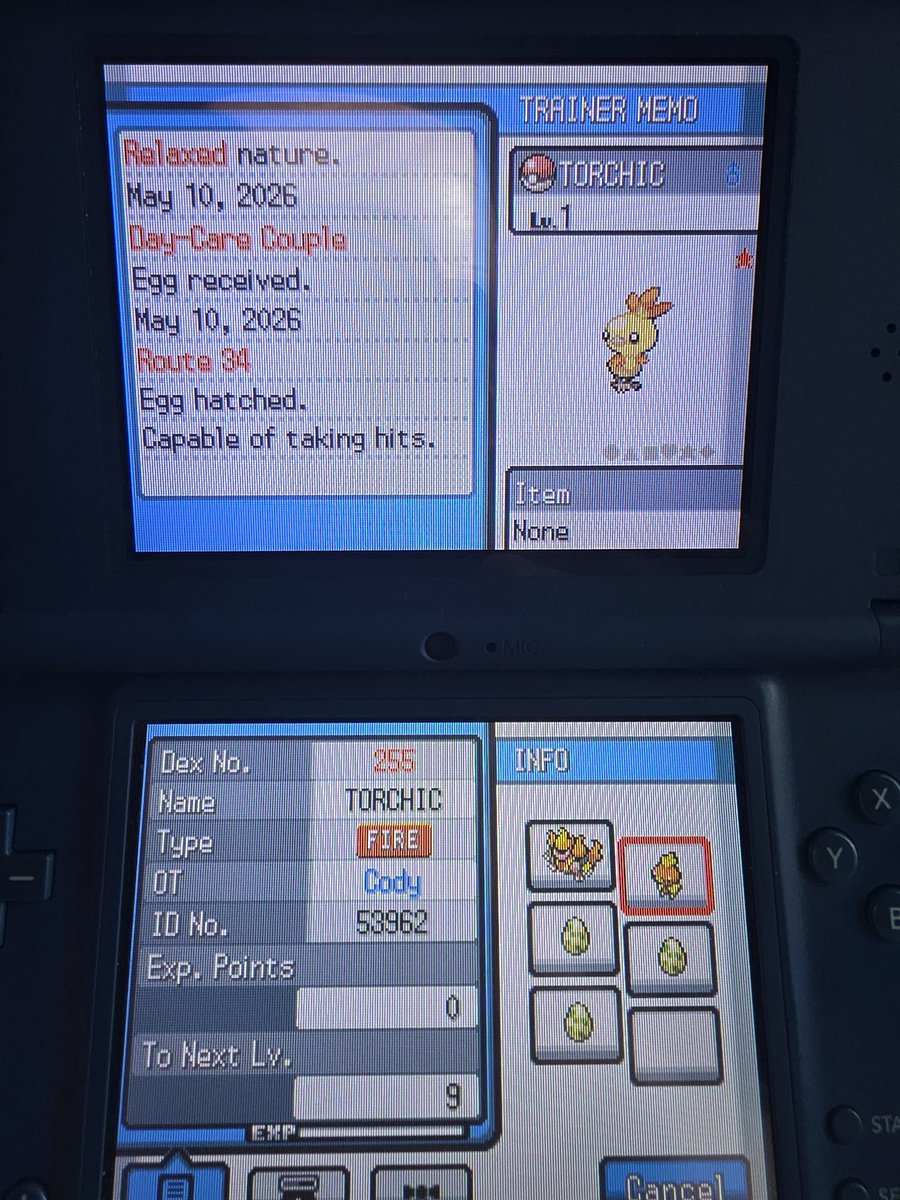 ShinyFamm's tweet photo. Shiny Torchic hatched after 3068 eggs hatched via Masuda Method in Pokémon Heartgold! I started this hunt right after getting the Pokewalker Torchic last fall taking a total of 112 hours to find this guy. Super happy to have this done so I can start the Kanto part of this DTQ. https://t.co/7slFhPzWRh