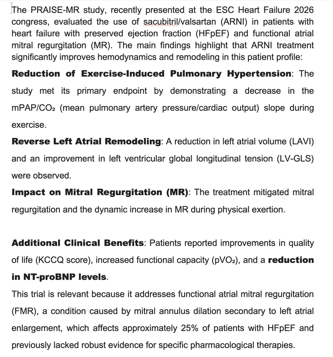GLimeres's tweet photo. The PRAISE-MR study, recently presented at the ESC Heart Failure 2026 congress, evaluated the use of sacubitril/valsartan (ARNI) in patients with Heart Failure preserved ejection (HFpEF) and functional atrial mitral regurgitation (MR). https://t.co/Q9tVd0LRfH