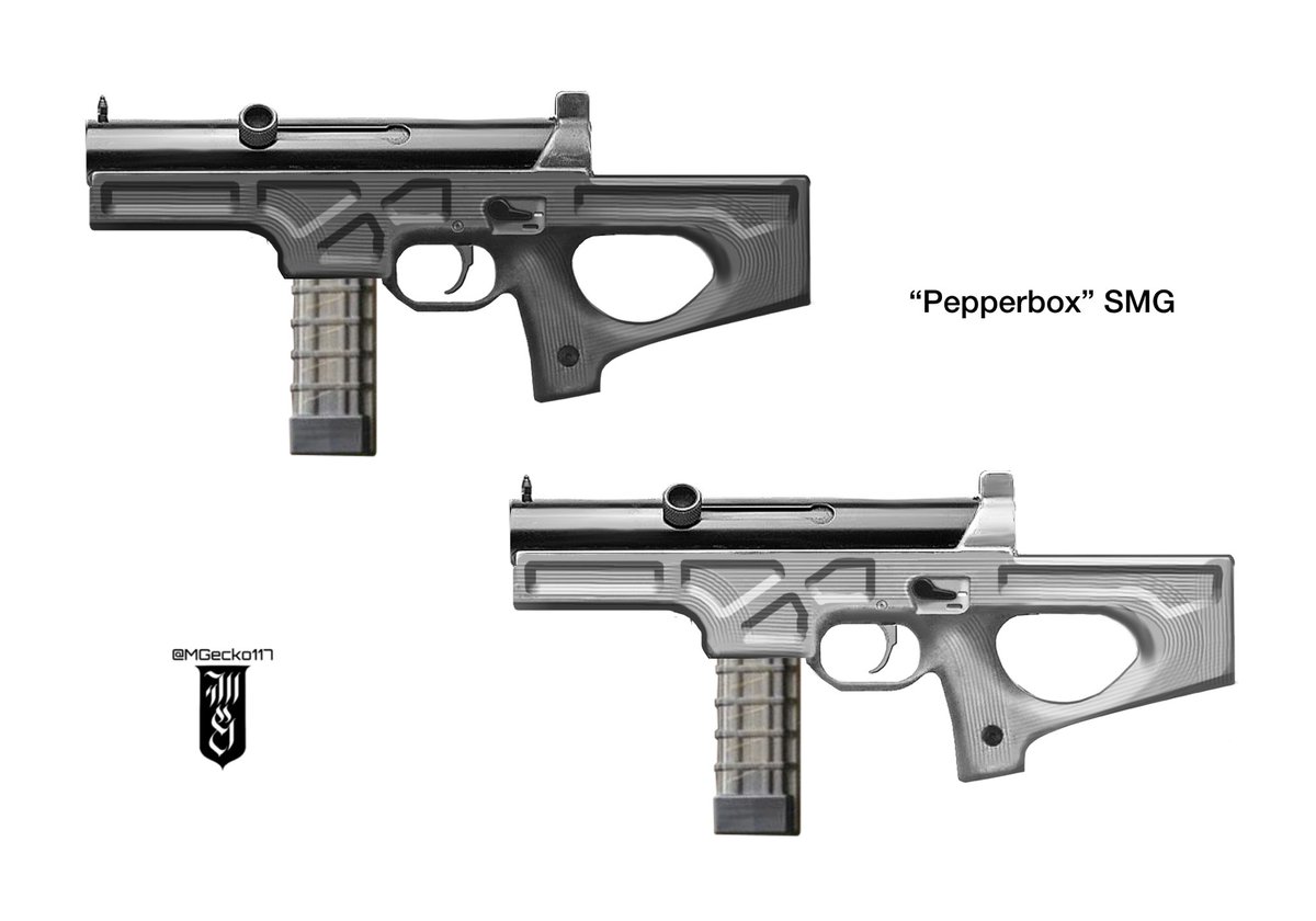MGecko117's tweet photo. Weapon design for @flyawave’s TTRPG Paracosmic, the “Pepperbox” is a very common and affordable SMG derived from a Martian non-lethal pepper ball gun https://t.co/GhptsFJiA7
