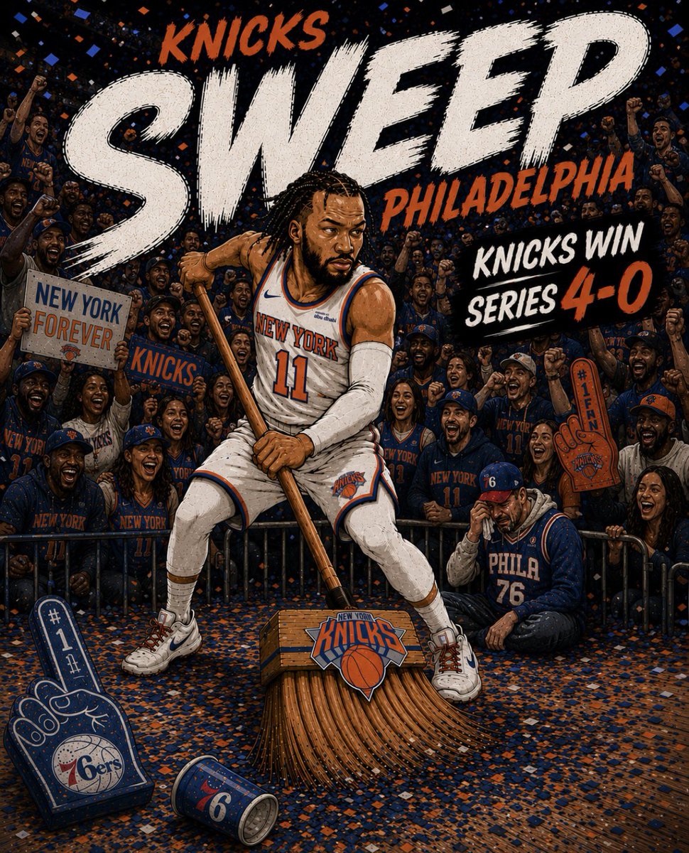 ESPNNewYork's tweet photo. Sweep completed. 30-point demolition in their building. Eastern Conference Finals bound. LET’S GO KNICKS! https://t.co/075pDfrku8
