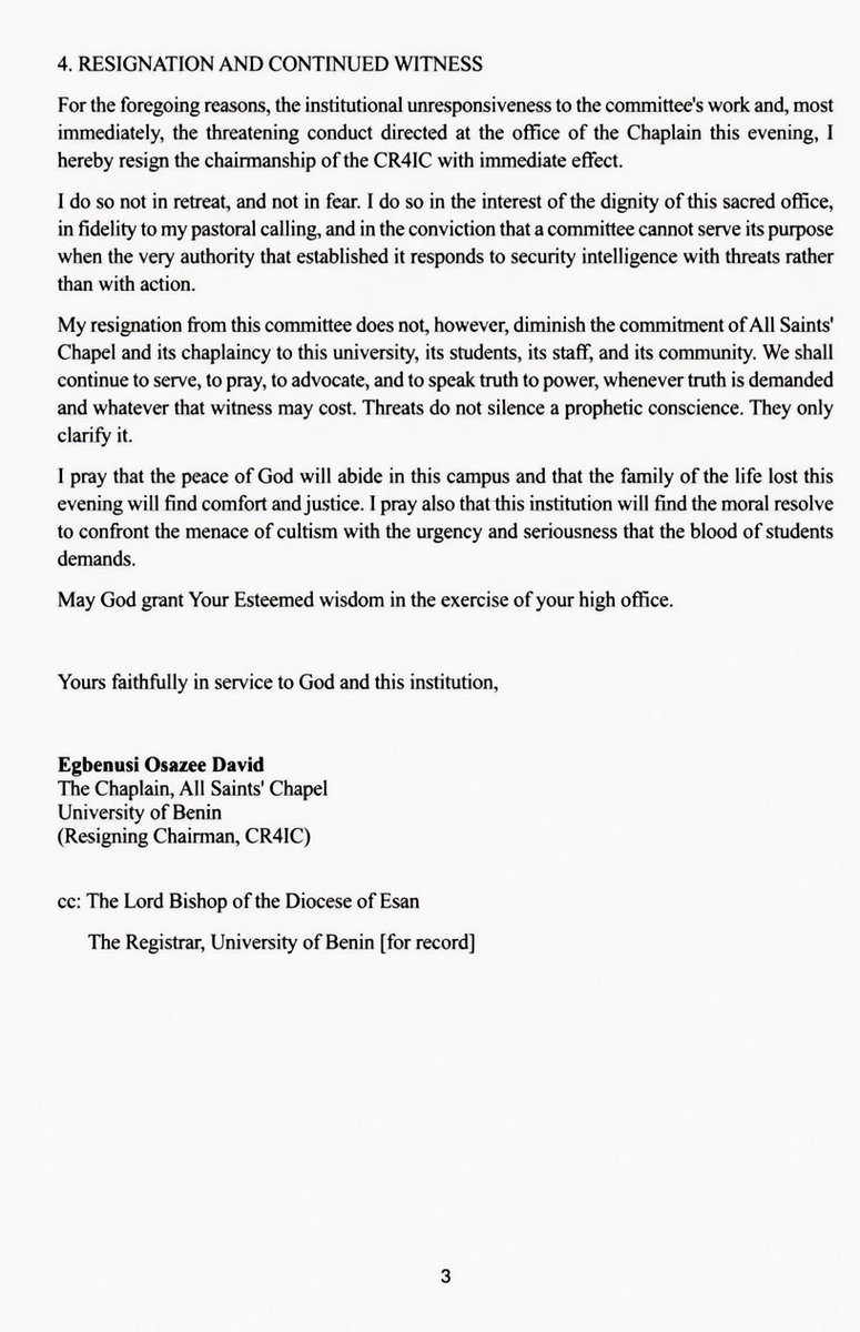 amayomaxwell's tweet photo. Hours after the killing of a UNIBEN part-time student at the main gate, the Chairman of the Cult Renunciation Committee (CR4IC), Venerable Egbenusi Osazee David, has resigned.
In his resignation letter dated May 10, 2026, the All Saints’ Chapel Chaplain accused the VC https://t.co/T7o4qV6jGQ