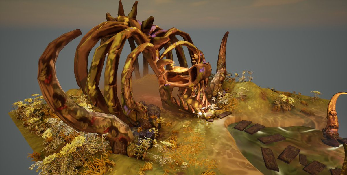 DregsyDrew's tweet photo. my biggest 3d environment project yet!
this took around 3 months to complete, everything is made from scratch, and alot of concepting.
I'm showing the versions of no lighting and lighting in unreal engine, it features handpainted pbr pipelines, vfx, custom foliage and sculpting. https://t.co/foX0hepdfq