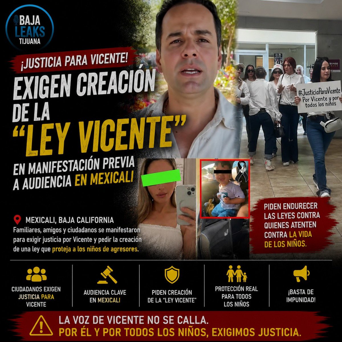 NoeRamirez61885's tweet photo. 📷 EXIGEN LA “LEY VICENTE” EN MEXICALI 📷 Familiares, amigos y ciudadanos realizaron una manifestación previa a una audiencia en Mexicali para exigir justicia en el caso de Vicente y pedir la creación de la llamada “Ley Vicente”.  Durante la protesta, los asistentes solicitaron endurecer medidas de protección para menores y reforzar las sanciones en casos relacionados con violencia o delitos contra niños.  El caso ha generado fuerte atención y debate en redes sociales, donde usuarios continúan exigiendo seguimiento y justicia.  #BajaLeaksTijuana #Mexicali #LeyVicente #BajaCalifornia #JusticiaParaVicente #NoticiasMexico #Mexico #Manifestacion #Noticias
