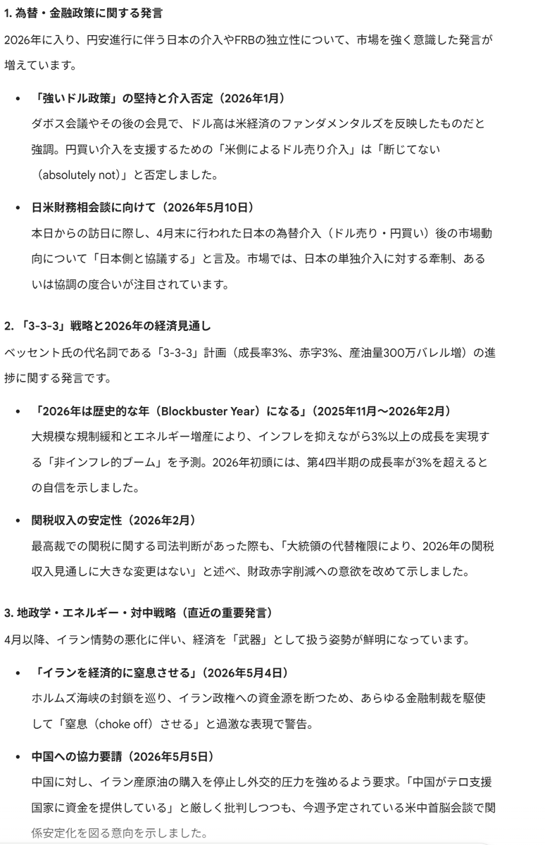 FX_QUEST's tweet photo. ベッセント財務長官の過去6か月（2025年11月〜2026年5月）の発言 https://t.co/nzoEdzvEqh