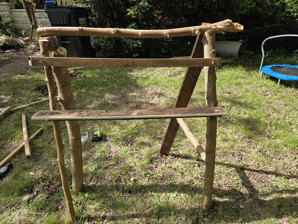 AngelaHill56288's tweet photo. On a personal note, its not the prettiest, but it will work for hanging strawberries and keeping a watering can nearby. Built it myself from Mulberry that we have been cutting down. Still working on the garden bed. https://t.co/S1XqPlCyL6