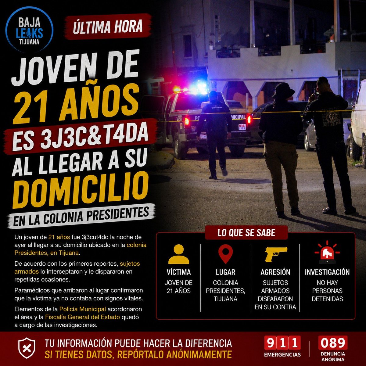 NoeRamirez61885's tweet photo. 📷 VIOLENTO HECHO EN LA COLONIA PRESIDENTES 📷 Un joven de 21 años perdió la vida tras un ataque registrado al exterior de un domicilio en la colonia Presidentes, en Tijuana, de acuerdo con reportes preliminares difundidos por autoridades y medios locales.  El hecho provocó movilización de elementos policiacos y servicios periciales durante la noche, mientras la zona permaneció acordonada para el inicio de las investigaciones correspondientes.  Hasta el momento no se ha informado sobre personas detenidas relacionadas con el caso.  #BajaLeaksTijuana #Tijuana #ColoniaPresidentes #BajaCalifornia #NoticiasTijuana #Seguridad #Mexico #Alerta #Noticias