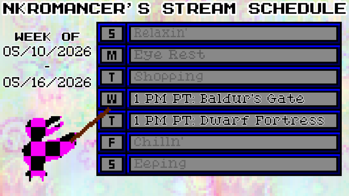 NkromancerN's tweet photo. Schedule time!  Taking a break tomorrow since my eye medication ran out and I won't get it back until Monday on the earliest.  Thus, I'll take tomorrow off so my eyes don't hurt playing MHWi.

https://t.co/o7fpToUeSy

#Vtuber #vtubing #VtubersUprising #streaming #streamer https://t.co/grGg0rX2uD