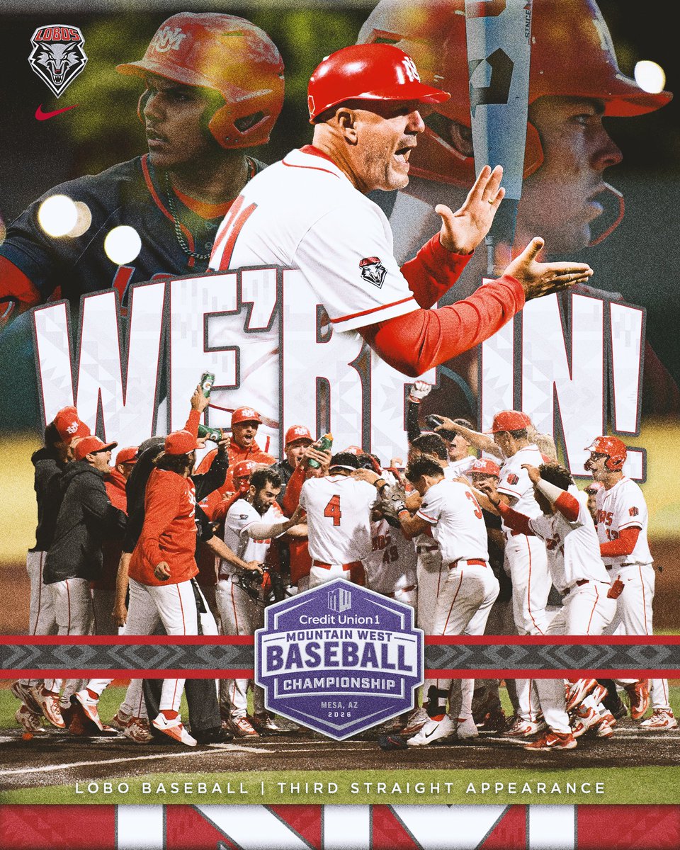 UNMLoboBaseball's tweet photo. 𝗖𝗹𝗶𝗻𝗰𝗵𝗲𝗱 ✔️

With today's win, the Lobos have secured their third-straight @MountainWest Baseball Championship appearance!

#GoLobos https://t.co/ed6MhB9PLv