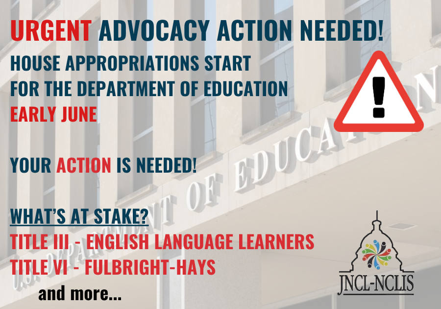 JNCLInfo's tweet photo. 📣 #ACTNOW! In early June, the House Appropriations Committee will begin marking up FY27 Department of Education funding. The President’s proposed budget seeks to cut key programs, including Title II and Title VI. ACT NOW to help restore funding: https://t.co/uIUzTIjNxi. https://t.co/Xux1OxQRWi