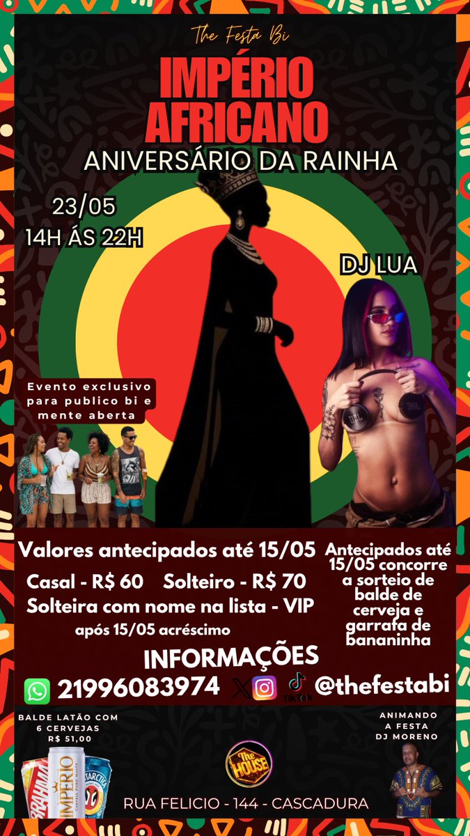 thefestabi's tweet photo. 🏳️‍🌈 The Festa Bi – IMPÉRIO AFRICANO - ANIVERSÁRIO DA RAINHA 🏳️‍🌈

Sábado, 23/05 | 14h às 22h

FESTA EXCLUSIVA PARA PUBLICO BI E MENTE ABERTA

VALORES ANTECIPADOS ATÉ 15/05

Casal R$ 60
Solteiro R$ 70
Solteira com nome na lista - 0800

📲 Informações WhatsApp: 21996083974 https://t.co/l9TNy4b02F