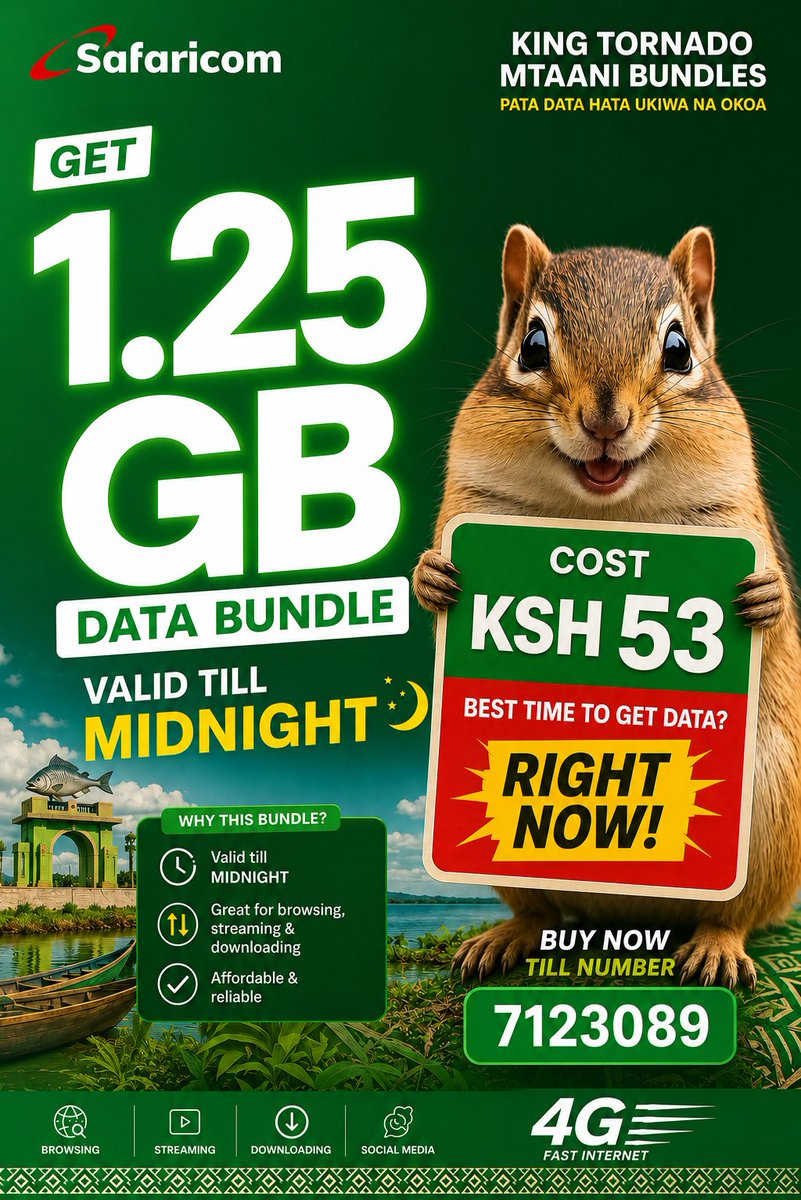 djtornadoke's tweet photo. Get 1.25 GB data bundles kwa #BeiNafuu hata ukiwa na okoa jahazi. Delivery is instant. Zero delays!

#Gunners Ruth Odinga https://t.co/v5w8LMVdzw
