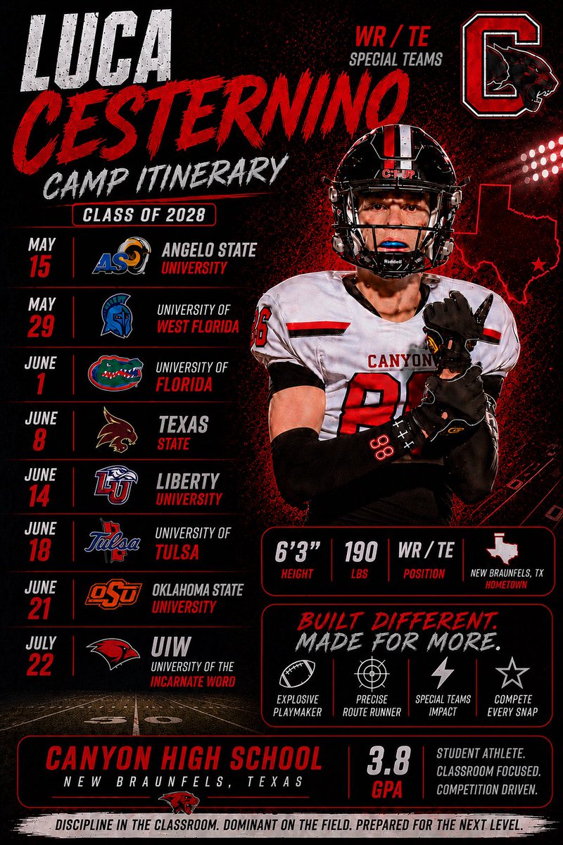 CesterninoLuca's tweet photo. 2026 Camp season starts this Friday. I’m excited for the opportunity to compete and get evaluated!! #ILoveThisGame
@CoachMac_Canyon @CoachWehe @CoachEPitts @Coach_Davis09 @coachbeauboyd @CoachMXKelly 
@mfarrellsports https://t.co/ufWGEl0NJs