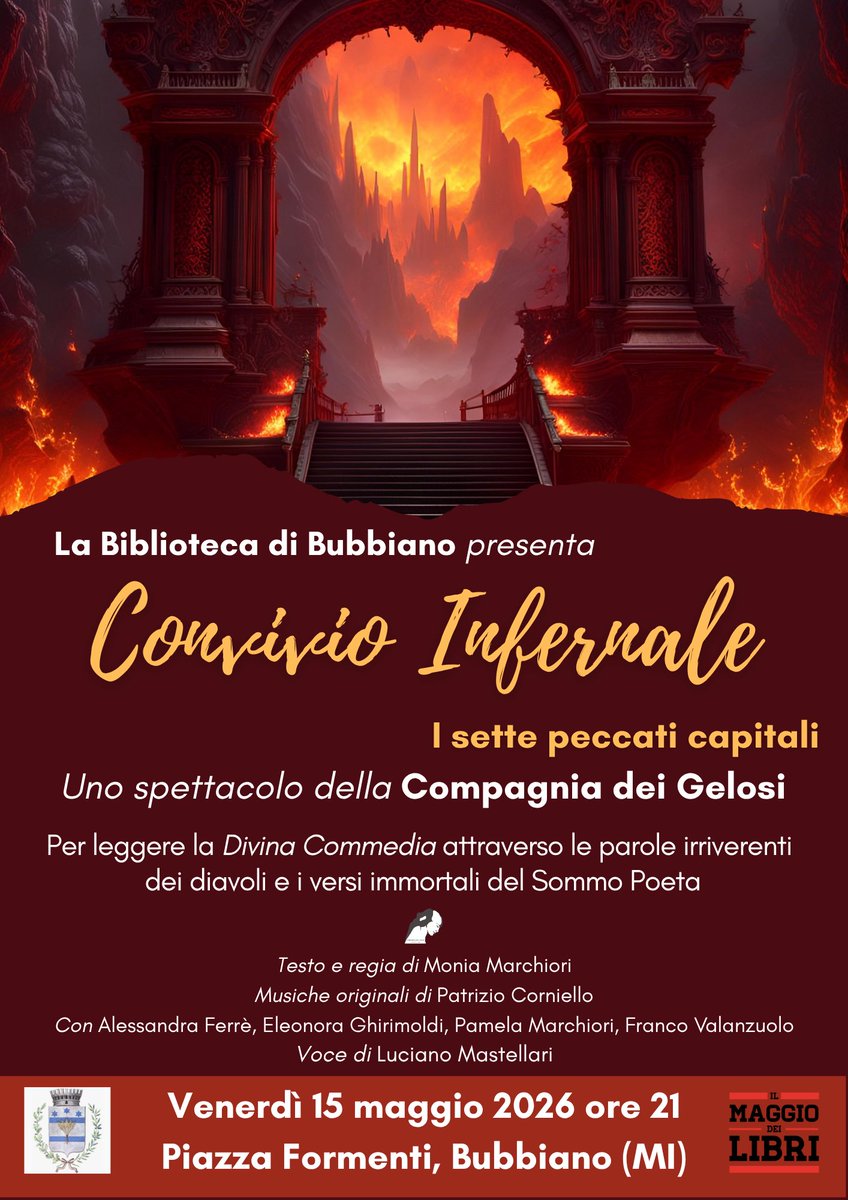 compagniagelosi's tweet photo. ❤️‍🔥CONVIVIO INFERNALE❤️‍🔥

😈Il #15maggio a #Bubbiano - per il #maggiodeilibri - torneranno i #Gelosi con una storia che indaga paesaggi interiori, emozioni, relazioni: seguiremo #DanteAlighieri fra le fiamme dell’#Inferno fino ‘a riveder le stelle’. 

#dantealighieri #poesia #libri https://t.co/HIaVVnxxZt