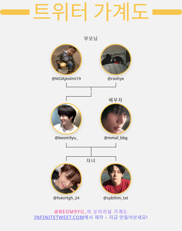 👨‍👩‍👧‍👦 내 트위터 가족:
👫 부모님: <a href="/MOAjeolmi19/">인절미</a> <a href="/raxhye/">라희</a>
👰 배우자: <a href="/mmal_bbg/">말빵</a>
👶 자녀: <a href="/foevrtgh_24/">연(한산)</a> <a href="/sybthm_txt/">듈리</a>

➡️ infinitetweet.me/family-tree?la…