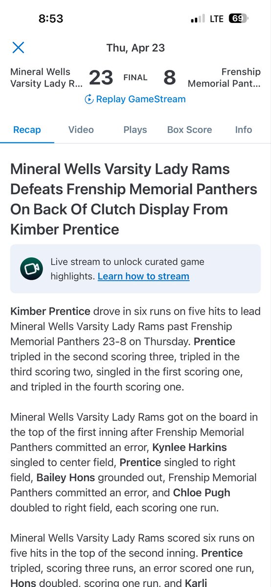 KimberPrentice's tweet photo. My favorite game from my freshman season‼️ #3triples #ladyrams #hssoftball https://t.co/qUxR9nA2sM