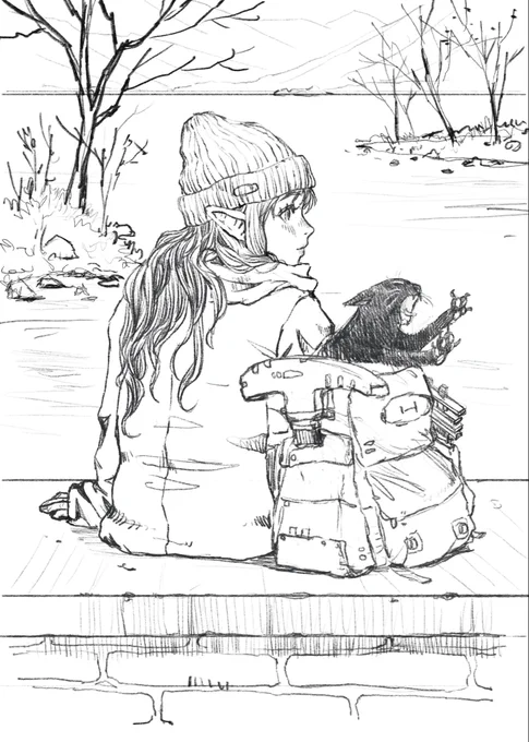 下絵線画と色鉛筆原画 