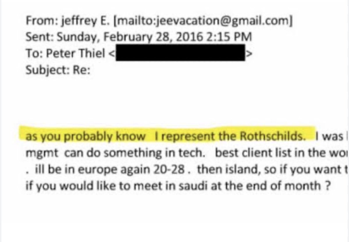 GoyimRiseUp's tweet photo. @AutisticClip “As you probably know, I represent the Rothschilds.”

- Jeffrey Epstein to Peter Thiel, 2/28/2016 https://t.co/DjjzEWQuYJ