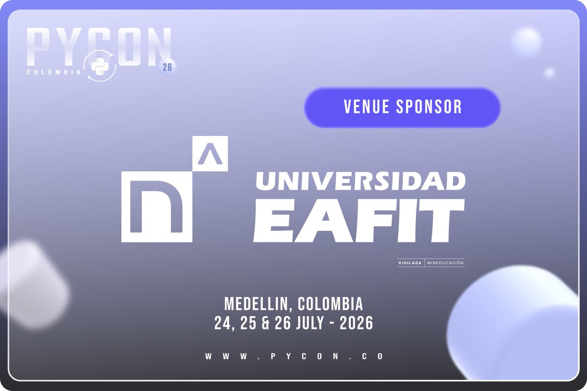 pyconcolombia's tweet photo. We extend our deepest gratitude to @EAFIT and Nodo EAFIT for being our incredible hosts during PyCon Colombia 2026! 🐍💛

#PyConColombia #EAFIT #TechEvent2026 #PythonCommunity #GraciasEAFIT https://t.co/JaMjGQXSHq