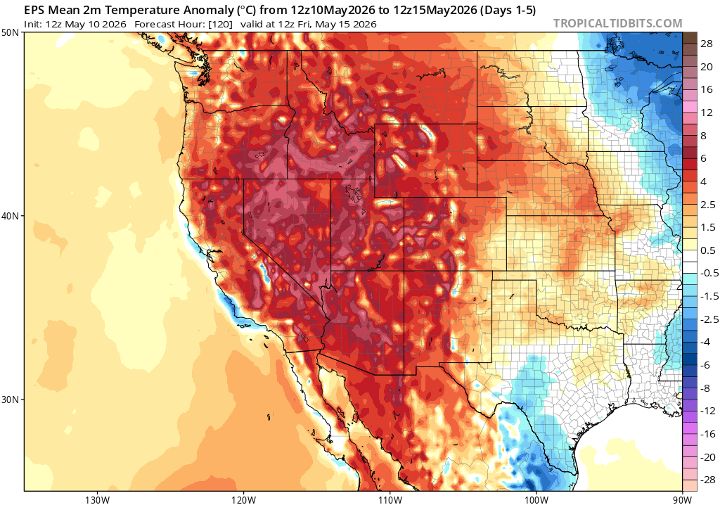 Weather_West's tweet photo. Warm-to-hot spring temps, with both daytime and nighttime conditions much warmer than mid-May averages, will redevelop over the next few days across most of the U.S. West under fairly strong ridging. This will be notable, though generally not record-breaking, early season heat. https://t.co/TUxp2rb8h6