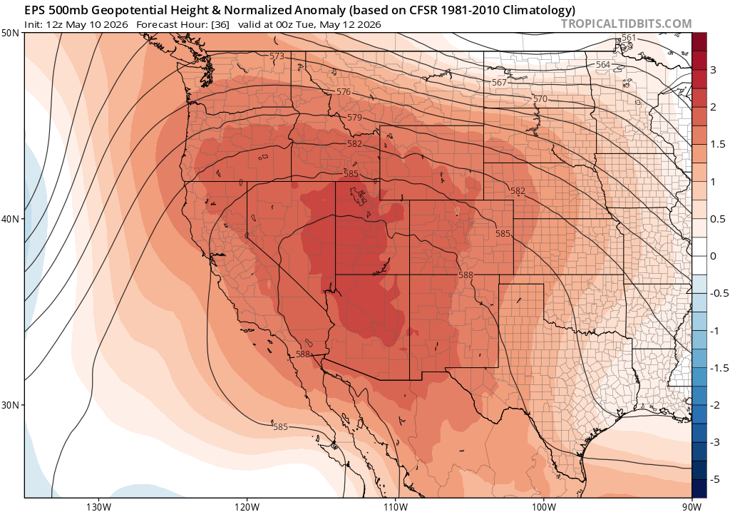 Weather_West's tweet photo. Warm-to-hot spring temps, with both daytime and nighttime conditions much warmer than mid-May averages, will redevelop over the next few days across most of the U.S. West under fairly strong ridging. This will be notable, though generally not record-breaking, early season heat. https://t.co/TUxp2rb8h6