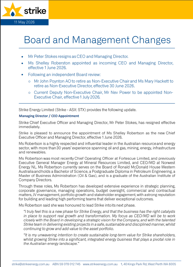 PatrickJBourke's tweet photo. @moneyofminepod Management and board changes at Strike Energy, with CEO Stokes departing after only 11 months, to be replaced by Shelly Robertson (formerly COO at @FortescueNews, $FMG.ax), and Nev Power becomes Chairman, $STX $STX.ax #natgas #PerthBasin #WEM #SWIS #WA #ASX #oott https://t.co/lcvQOnKA6D