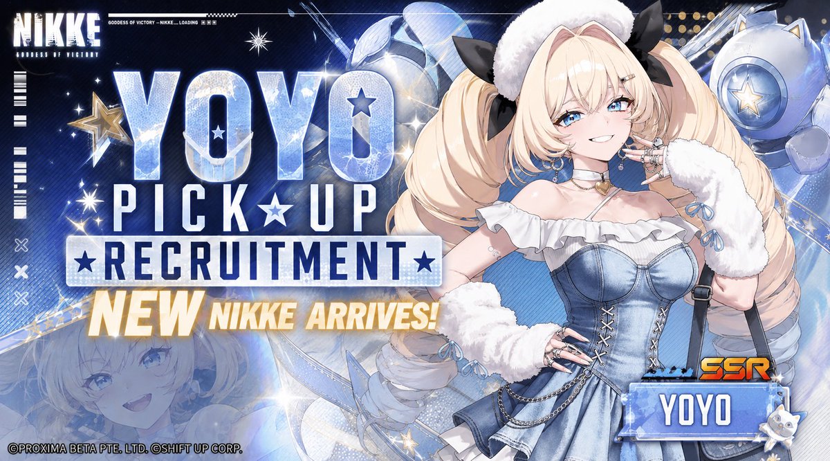【Aviso de Reclutamiento Pick Up】
La antigua idol número uno, la SSR Nikke 「Yoyo」, llegará pronto~

¡El reclutamiento Pick Up de 「Yoyo」 comenzará simultáneamente!

¡Mantente atento!

#NIKKE 
#Yoyo

Es Fake por si tengo que aclararlo xd