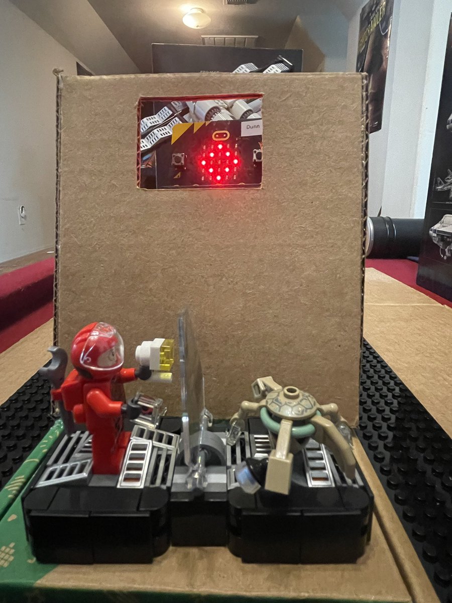 rocks_cs's tweet photo. Spent part of Mother’s Day coding a micro:bit/servo motor to rotate my #LEGO Project Hail Mary display. 
Cardboard engineering, music, failed prototypes, redesigns &amp; LOTS of problem solving-and it finally works. @birdbraintech servo @keyestudio1 extension board @microbit_edu https://t.co/ihwC442STf