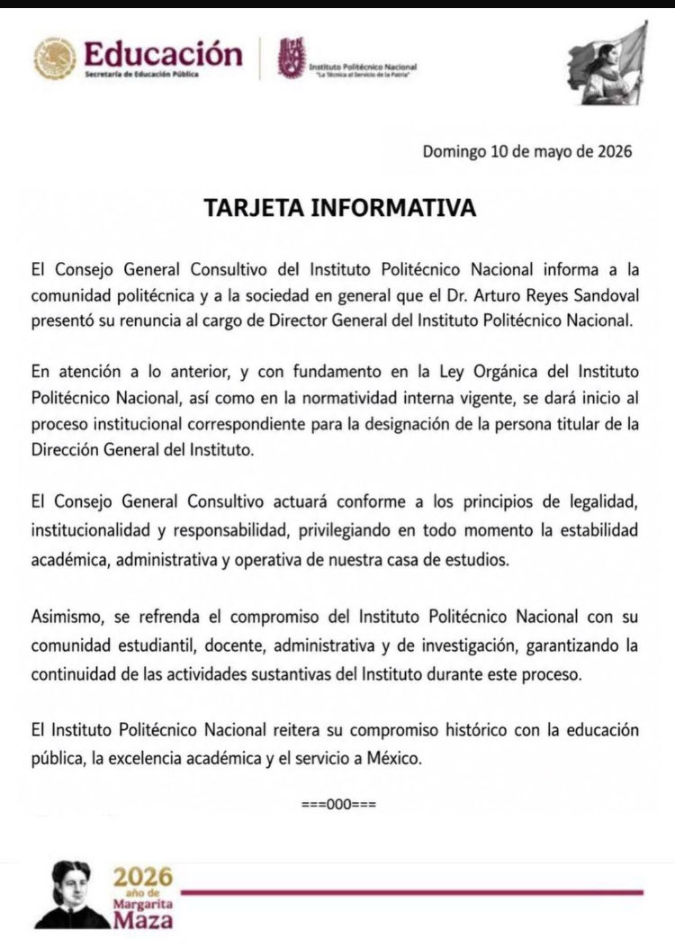 Renuncia el director general del Instituto Politécnico Nacional <a href="/IPN_MX/">IPN</a> , Arturo Reyes Sandoval