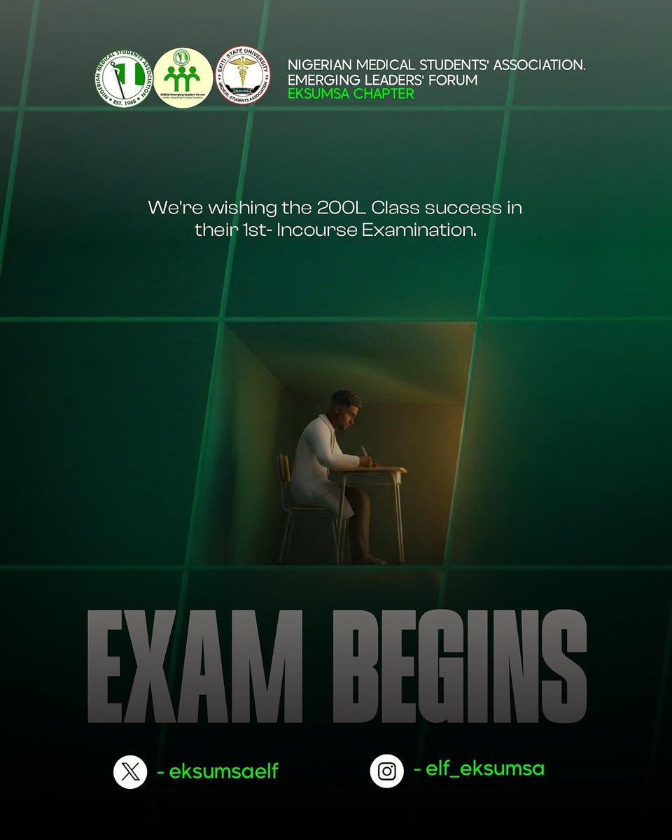 eksumsaelf's tweet photo. Dear 200 Level Medical Students,

On behalf of the NIMSA ELF, we wish you success as you begin your first In-course Examination.  Wishing you wisdom, confidence, and success throughout your exams.

Signed:
NIMSA-EKSUMSA ELF EXECUTIVES
@Eleaders_forum @EksuMedical https://t.co/MlCSaGjWsy