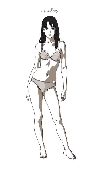 90年代のお気に入りのアニメから肌の色を持ってきたんだけど、基本色だけだと血色悪そうに見える。陰を入れると、俺には透明感のある肌に見えるんだよね。わずかながらだけど、ライティング入れるとさらに良くなる。 あと関係ないけど、ベースカラーなくても影だけ入ってても白が肌の色に見えてくる。