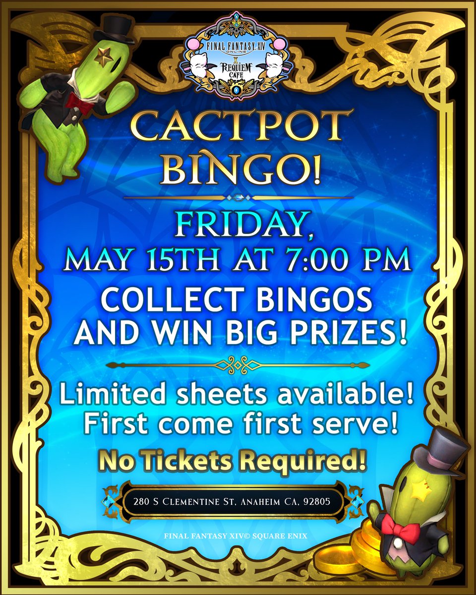 RequiemCafe's tweet photo. Play Cactpot Bingo IRL this Friday, May 15th starting at 7:00 PM! This will be the last special event for the Final Fantasy XIV x Requiem Cafe! https://t.co/zyEXpnEAox