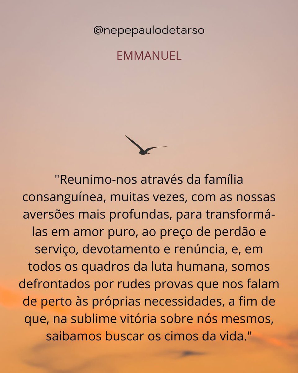 nepepaulo_tarso's tweet photo. (Emmanuel/Chico Xavier - Confia e segue, cap. 18)
"Reunimo-nos através da família consanguínea, muitas vezes, com as nossas aversões mais profundas, para transformá-las em amor puro, ao preço de perdão e serviço, devotamento e renúncia, e, em todos os quadros da luta humana, ..." https://t.co/UiyLSll5rK