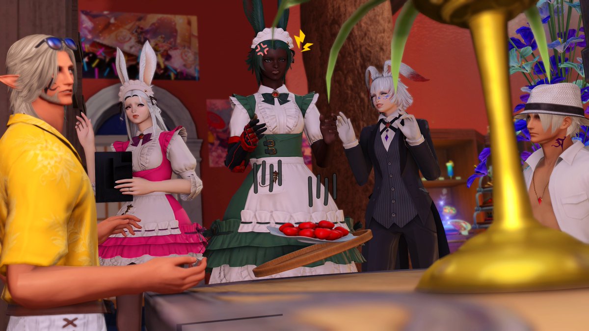 Soldottir's tweet photo. It's #MaidDay! The Warrior of Light was asked to help a charity with a bit of dress up, and she and her friends were more than happy to oblige!

Well, most of them...

#viera #gposers https://t.co/9KK6h6n3TO