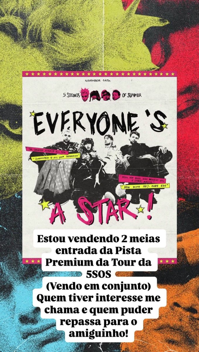 ❗️❗️VENDO INGRESSOS❗️❗️
5SOS - SÃO PAULO

2 MEIA-ENTRADA PISTA PREMIUM
*só vendo juntos

492,00 cada

Parcelamento com juros da maquina.
 
Motivo: comprei o vip agr preciso me livrar do ingresso anterior, HELP

#5sos #5secondsofsummer 5sos SP ingressos venda pista premium