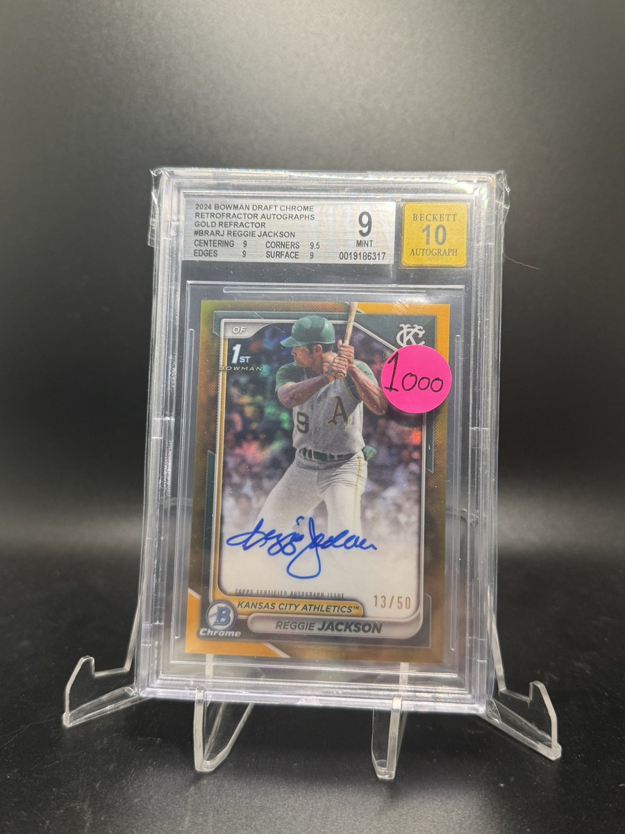 $1000 each

Please be specific about card/quantity (when available)

Reggie Jackson gold retrofractor auto /50 bgs 9/10

PSA 10 did $2k recently, so priced this at half that!