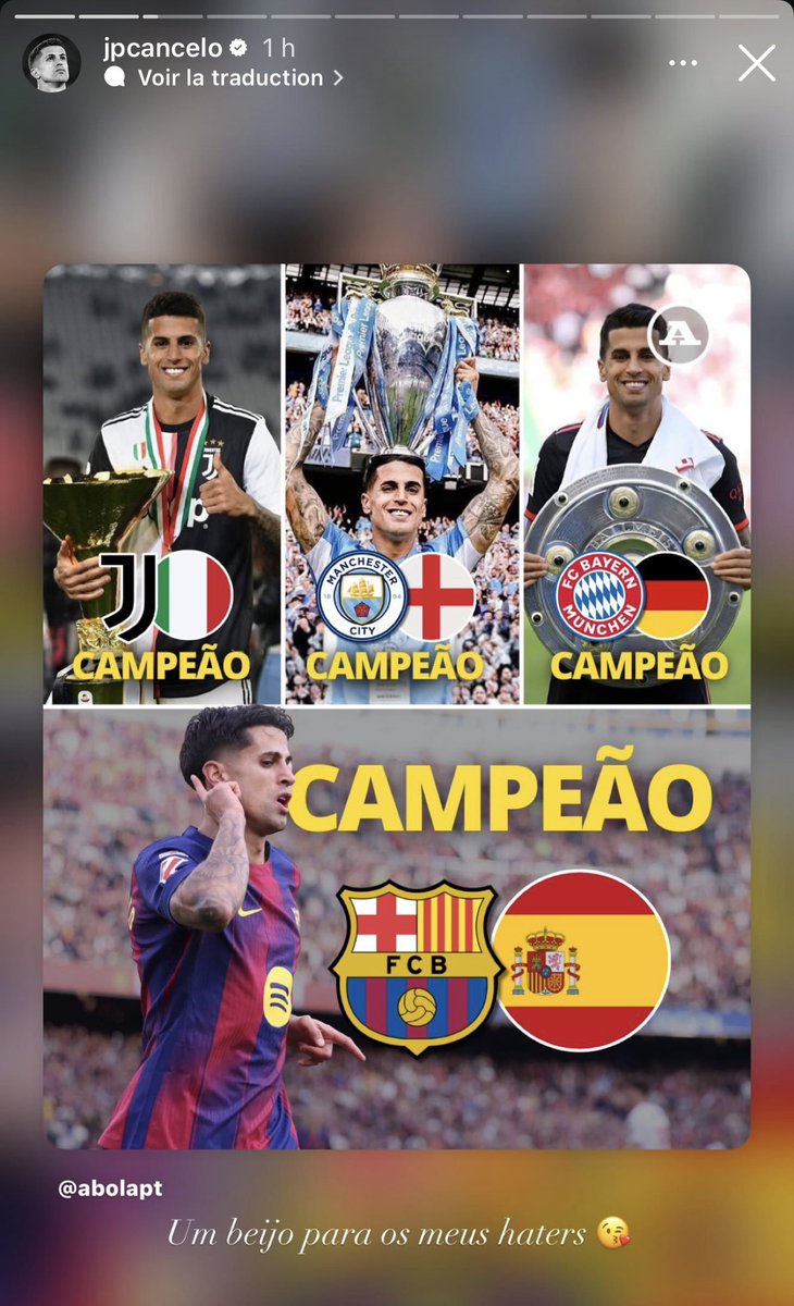 « Bisous à mes haters »

João Cancelo qui flex sur sa story Instagram (et il a bien raison) ! 😭😭😭