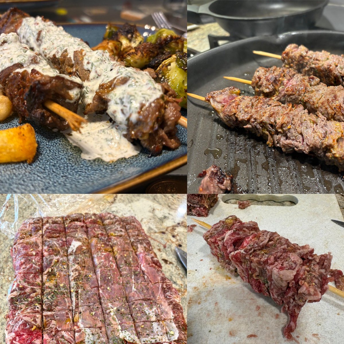 PaulF1B's tweet photo. Sliced beef and prosciutto Kebabs in a molasses garlic vinegar baste , with Chimchurri and cilantro crema sauce with Yucca fries and crispy Brussels https://t.co/qOr3IQLQ0M