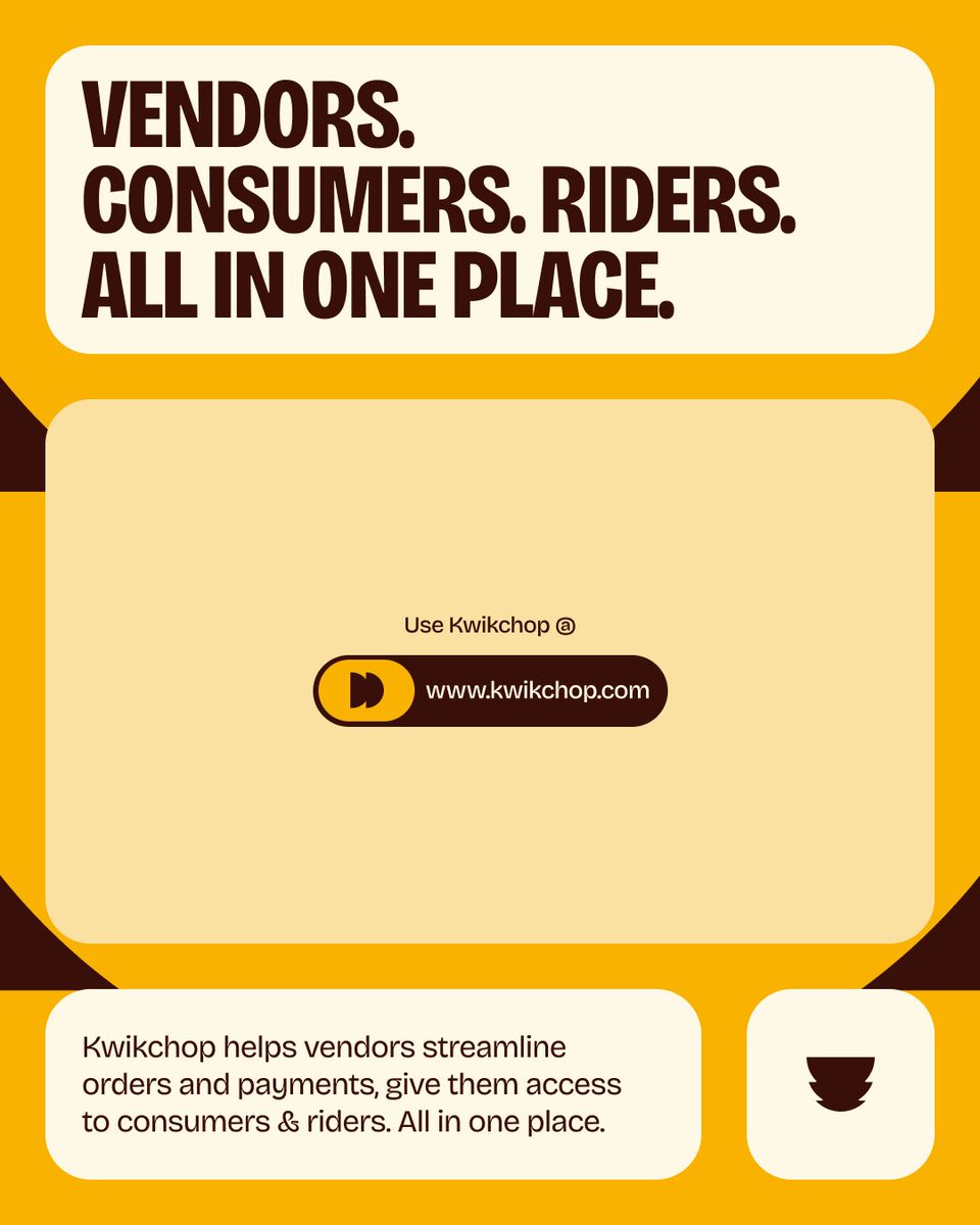 kwikchopHQ's tweet photo. Kwikchop helps vendors streamline orders and payments, give them access to consumers &amp; riders. All in one place.

#kwikchop
#foodtech #foodvendor #fooddelivery #startupnigeria https://t.co/X3frbzzAZR