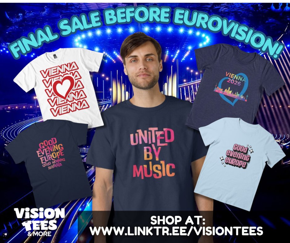 Vision_Tees's tweet image. Here's a few more! Anything take your fancy?  Save upto 40% in the last sale before Eurovision (ends tomorrow!). Link to the ESC2026 range here: bit.ly/4cMtLQv
#Eurovision2026 #ESC2026 #UnitedByMusic #Vienna2026 #visiontees #eurovisionsongcontest