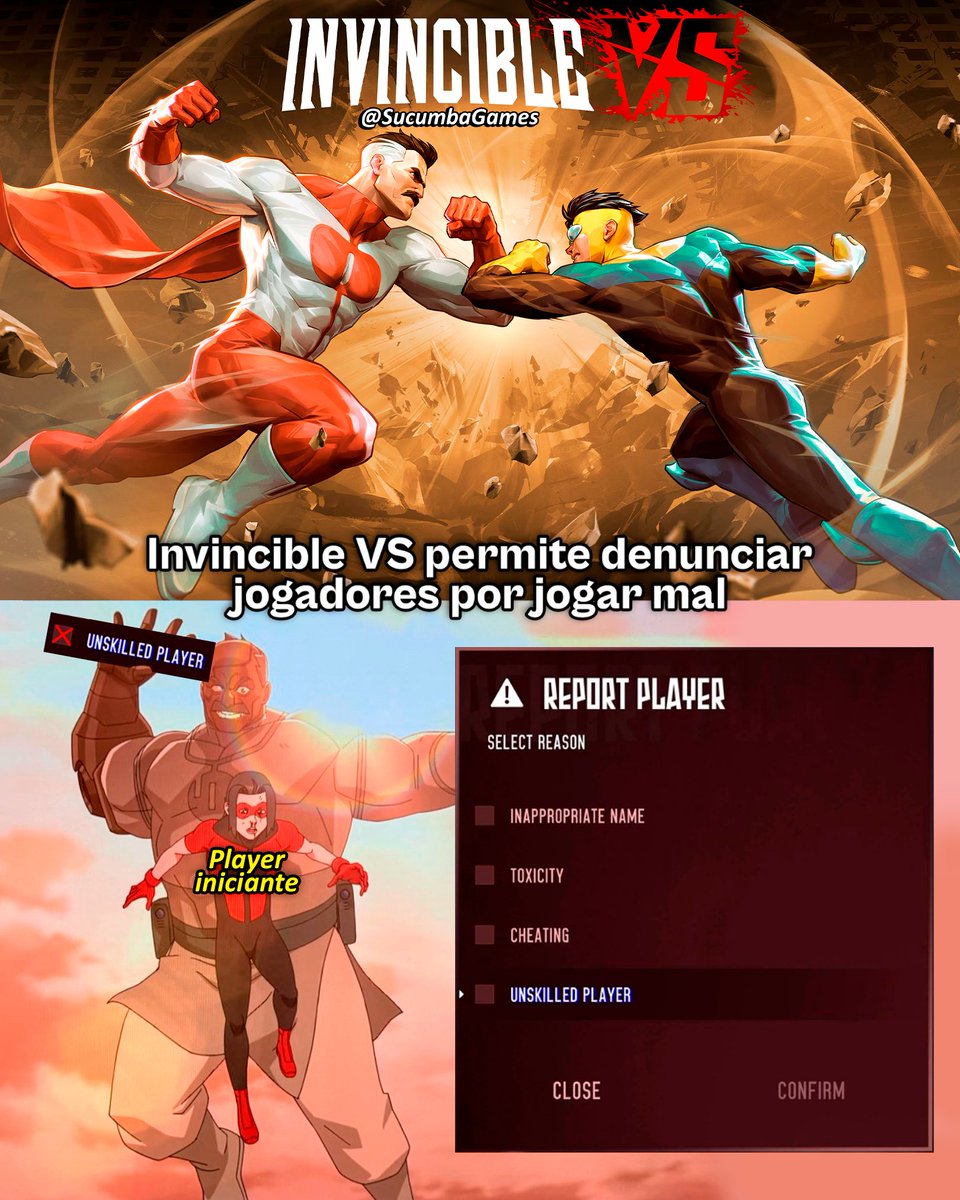 Em Invincible VS, você pode reportar alguém por jogar mal.