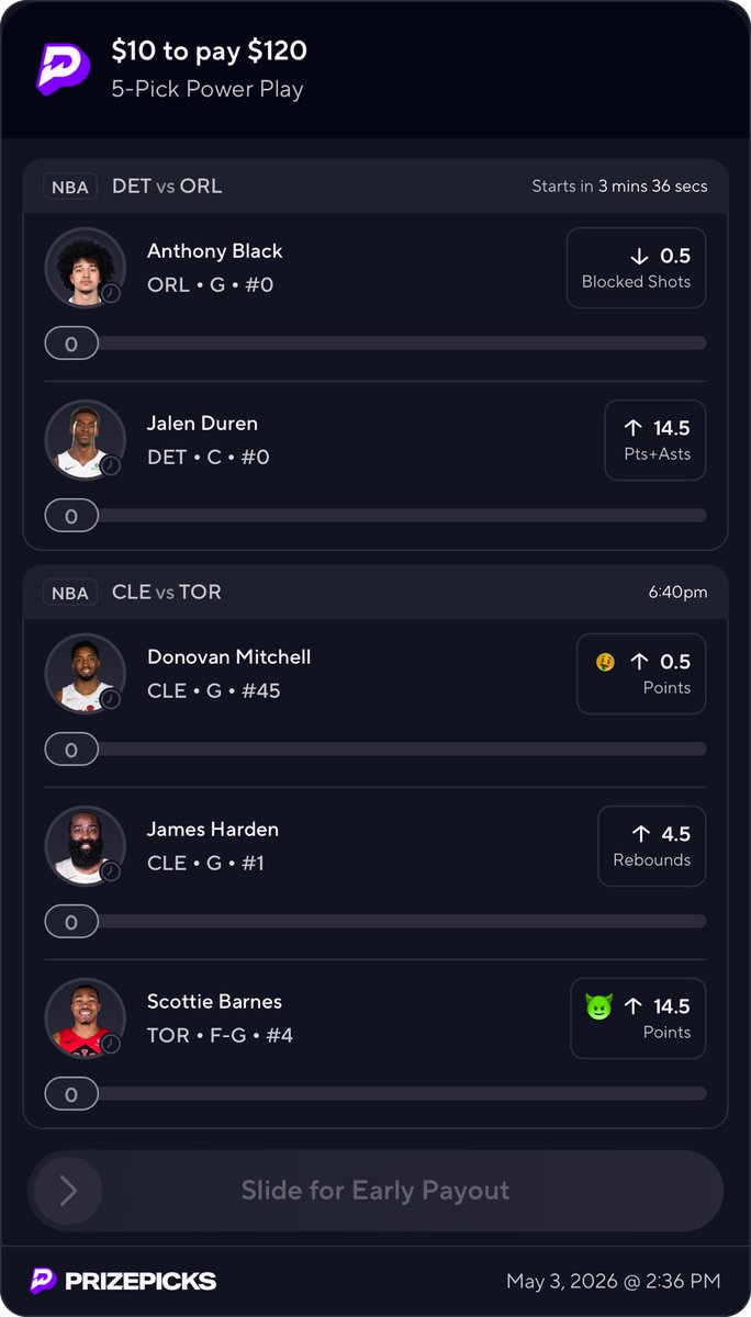 BallhoggBets's tweet photo. Collab Slip On @PrizePicks

Anthony Black - @JohnAnnthony 

James Harden - @vCashoutJB 

Jalen Duren - @BallhoggBets 

Then I Threw Scottie Points Goblin &amp; D Mitch Free 0.5 Square! 📈

Like, Follow &amp; Comment If Tailing!❤️

#SportsBettingX #Gambling𝕏 #Trading #NBA #PlayerProps https://t.co/38wJEgPlg5