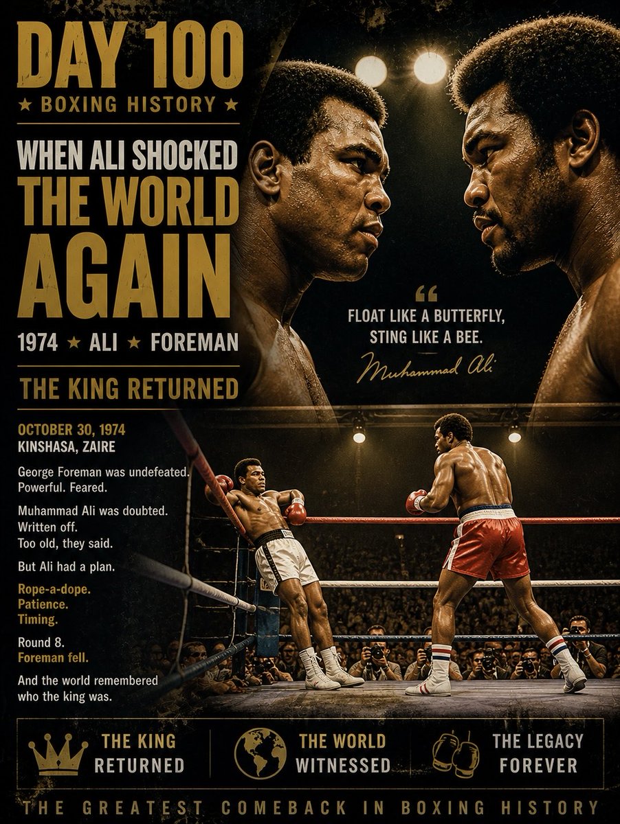 YuryIak's tweet image. Day 100 — The King Returned

Foreman — undefeated.
Ali — written off.

He waited.

Round 8.

Ali strikes.
Foreman falls.

The king returned.

#MuhammadAli #RumbleInTheJungle #BoxingHistory