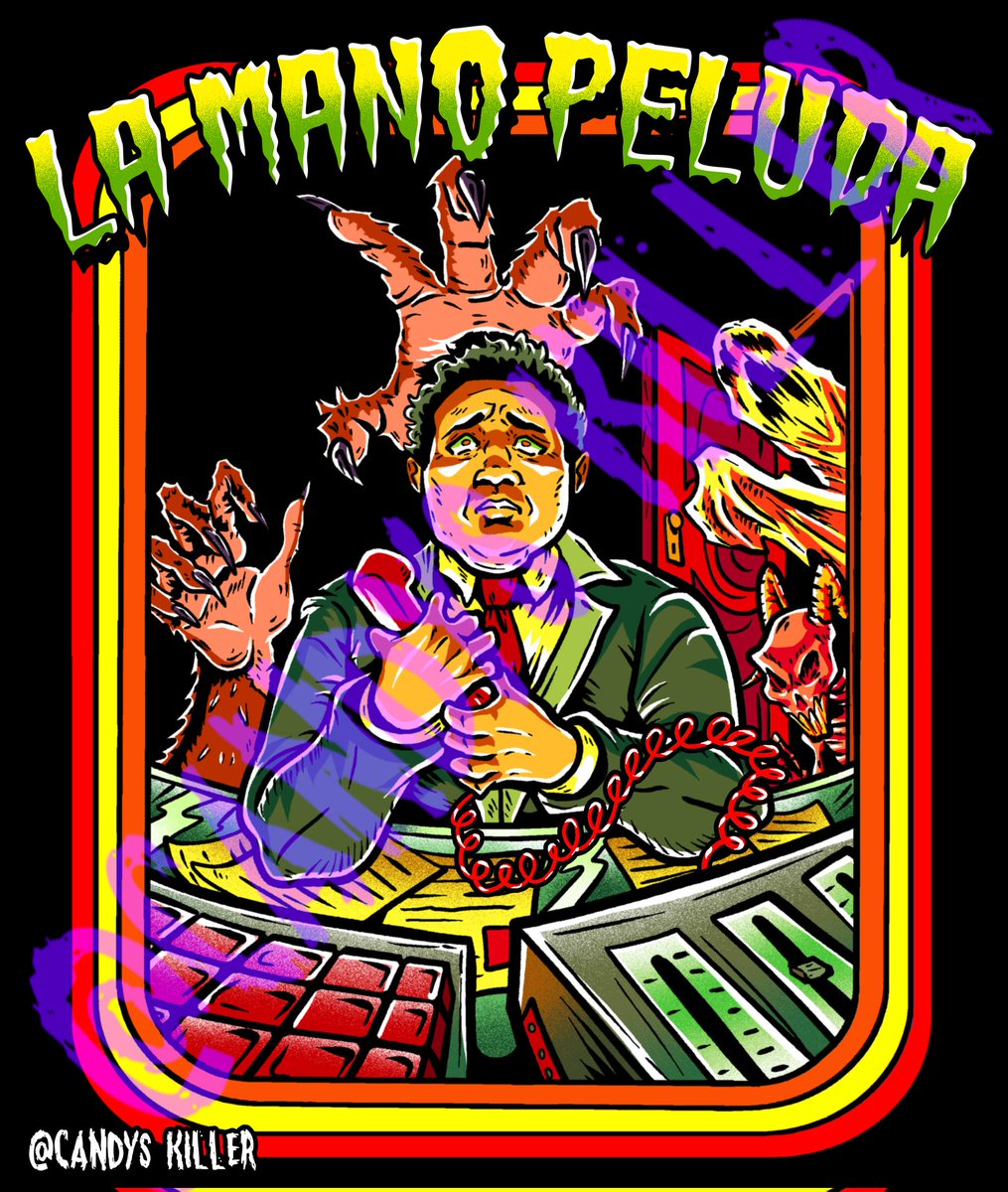 candys_killer's tweet image. "La Mano Peluda" t-shirt design full color commission requested by @loquitabathandbody 
🟢 Commissions Open!!
#lamanopeluda #tshirtdesign #mexico #commission #horrorart