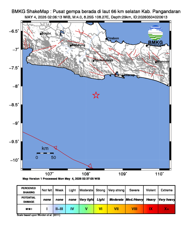 infoBMKG's tweet photo. #Gempa (UPDATE) Mag:4.0, 04-Mei-26 02:06:13 WIB, Lok:8.25 LS, 108.27 BT (Pusat gempa berada di laut 66 km selatan Kab. Pangandaran), Kedlmn:29 Km Dirasakan (MMI) II-III Banjarwangi, II-III Manonjaya, II-III Singaparna, II-III Cikatomas, II-III Sukaramet, II-III Cimaragas, II-III Banjaranyar, II-III Banjarsari, II-III Pangandaran #BMKG