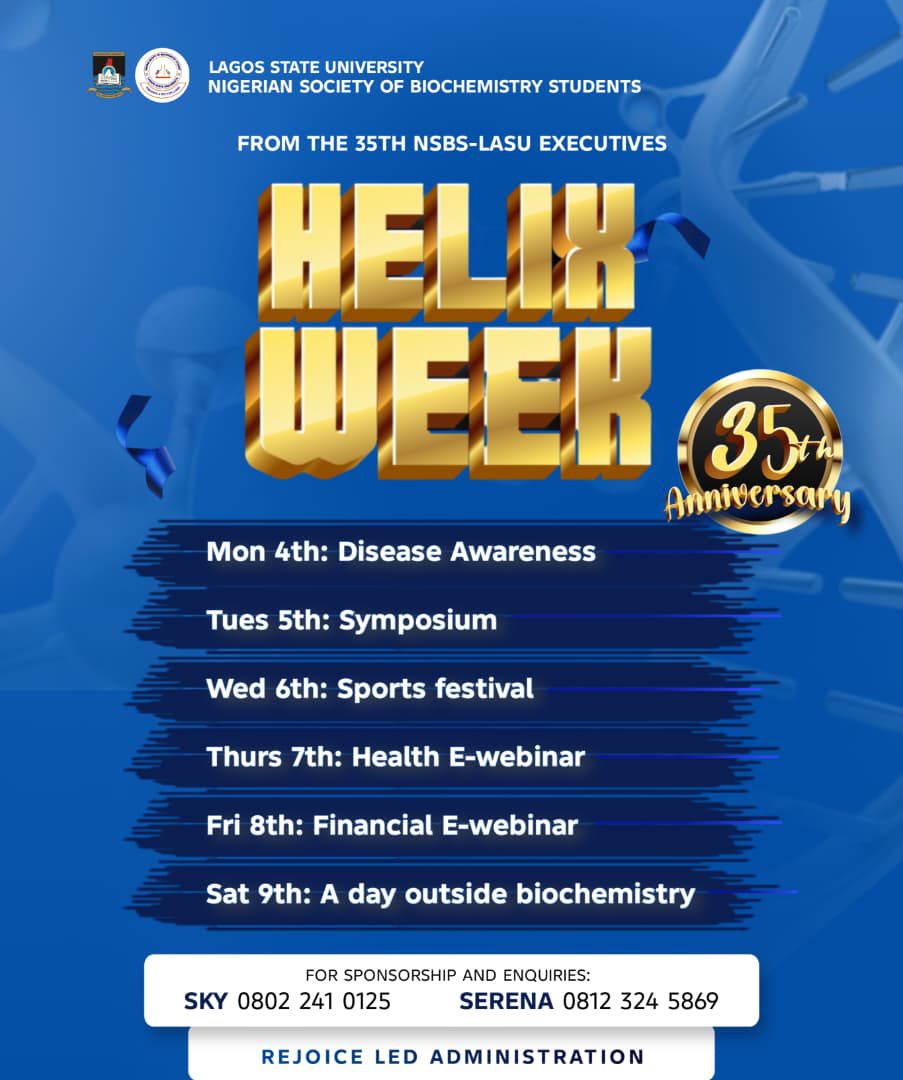 nsbslasu's tweet photo. It's finally here! DETAILS ARE LIVEEE! 🔥🧬 ⭐

The Nigerian Society of Biochemistry Students, NSBS-LASU SEC proudly presents the 35th Anniversary of the HELIX WEEK! 🥂  🧬

See you there!😝

Towards a better living.🍀🧪 https://t.co/yjRwMkwJ9T
