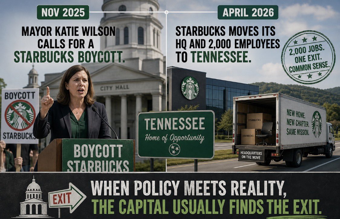 1981Descartes's tweet image. Elections have consequences. 
Just months after Seattle’s new leadership pushed for a boycott, Starbucks is moving 2,000 jobs to Nashville. 
Isn’t this a textbook example of how local political climates influence corporate footprints?  
#Seattle #Nashville #EconomicPolicy
