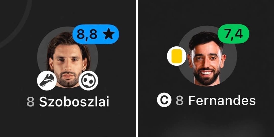 SzobooEraa's tweet photo. Szoboszlai: 8.8 ⭐⚽🅰️
Bruno ©: 7.4 🟨
One runs the game.
The other runs into bookings. 😭
#8vs8 #LFC #MUFC https://t.co/cMtyXPgc59