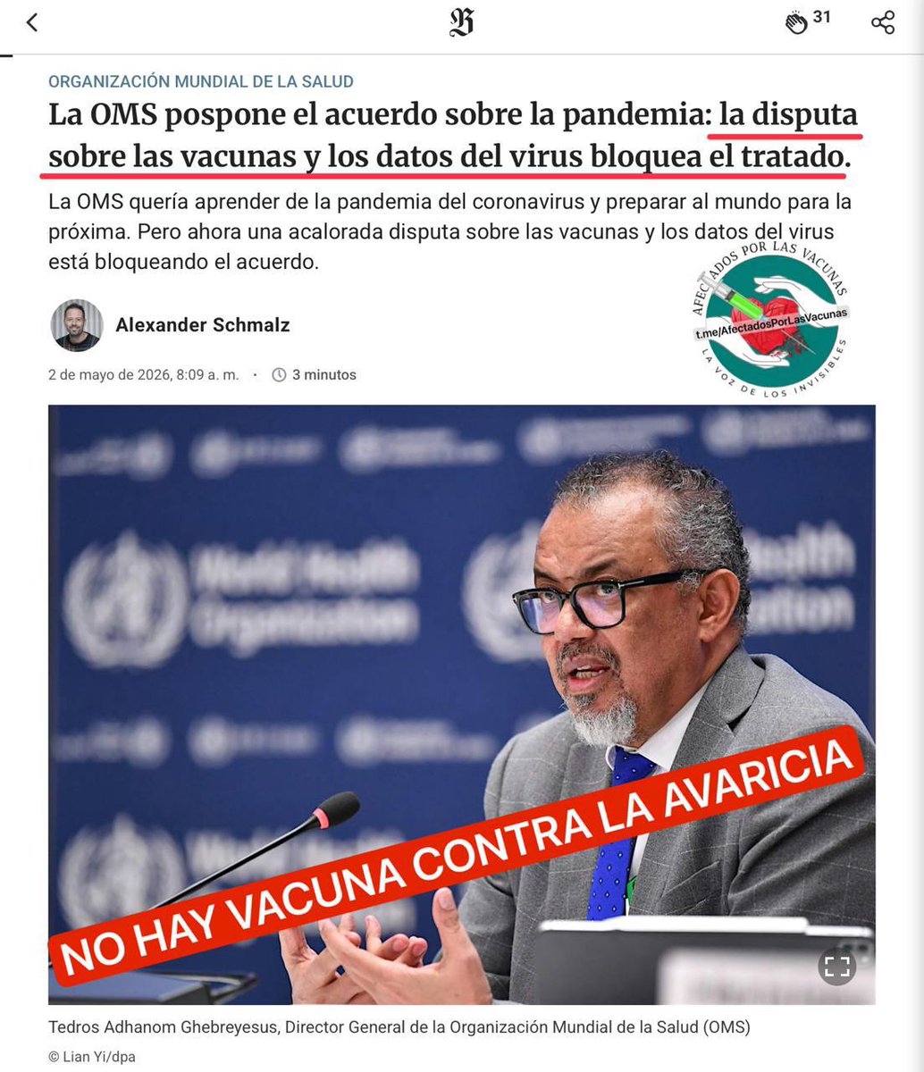 VacunAfectados's tweet photo. 🔺LA OMS OBLIGADA A DETENER SU TRATADO DE PANDEMIAS
🔺Recuerda: Es todo por la salud, no por el monopolio de las ventas.
Pero de momento: CELEBREMOS! 🎉
https://t.co/oORJTucYSa
#AfectadosPorLasVacunas #StopOMS https://t.co/OZGOSaBEL1