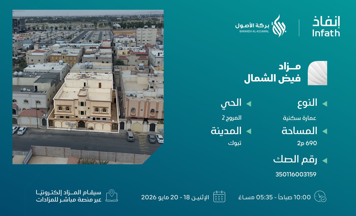 barakehassawal's tweet photo. فرصة للسكن والاستثمار 
#عمارة_سكنية  بواجهة غربية 
بمساحة 690م2  
#تبوك حي #المروج 2  
العقار مخلى وجاهز للسكن وللاستثمار  

الكتيب التسويقي: 
https://t.co/IC7HkOsm4J 

للتواصل: 0555997532

@infathAuctions | @infath_sa | @mobasherSA

#إنفاذ #بركة_الأصول #مباشر_للمزادات https://t.co/KE1othZX7d