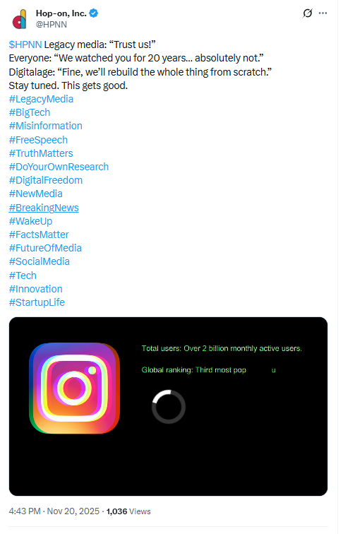 DeborahHat96840's tweet image. $HPNN                           #Digitalage                  NFA
Marketing language isn’t evidence. The post provides no sources, no methodology, and no operational data. Juxtaposing Instagram’s metrics with Digitalage claims creates an implied association without disclosure. If